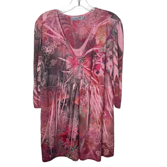 Unity World Wear Woman Pink Abstract Floral Studded Tunic Top 1X - Picture 1 of 7
